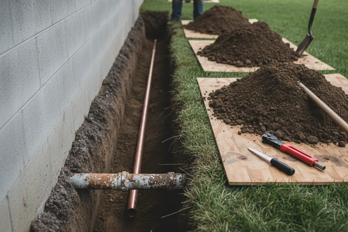 Excavated water line trench during Sewer Line Repair in Jenks